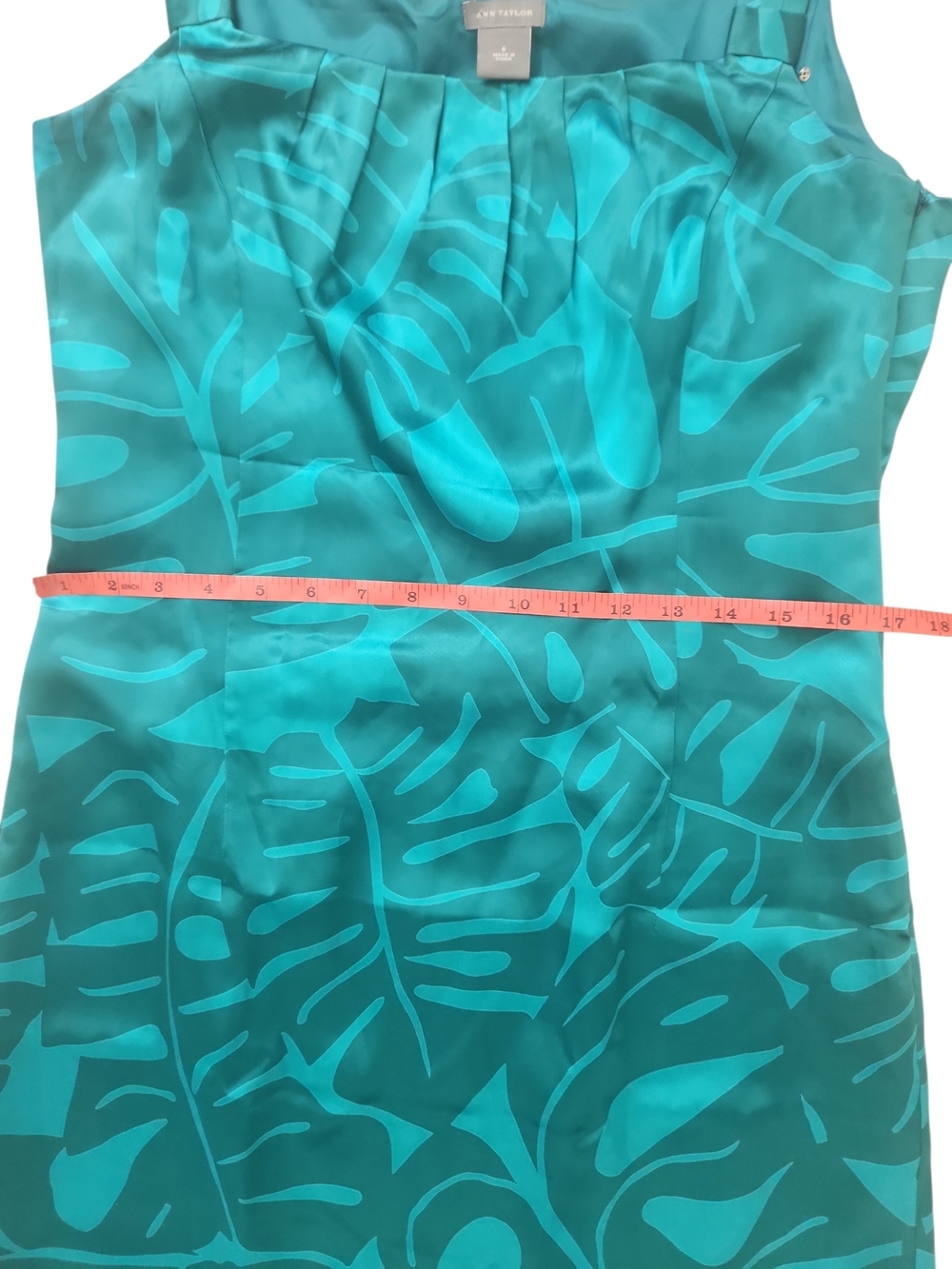 Ann Taylor Sleeveless Square Neckline Teal Green Silk Tropical Print Dress Size6 - Picture 7 of 13